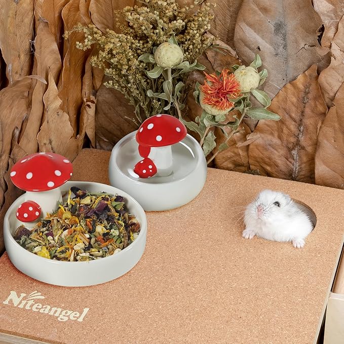 Niteangel Hamster Feeding & Water Bowls- Mushroom Ceramics Series Food Dish Feeding Bowls for Dwarf Syrian Hamsters Gerbils Mice Rats or Other Similar-Sized Small Pets