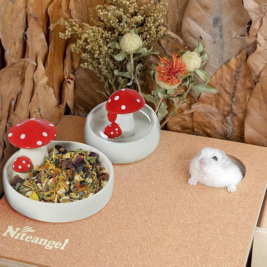 Niteangel Hamster Feeding & Water Bowls- Mushroom Ceramics Series Food Dish Feeding Bowls for Dwarf Syrian Hamsters Gerbils Mice Rats or Other Similar-Sized Small Pets